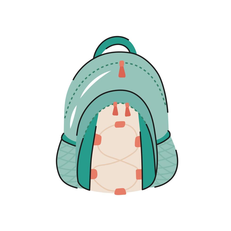 mochila turística dibujada a mano de dibujos animados, mochila escolar. equipo para camping, senderismo, trekking. ilustración vectorial plana. vector