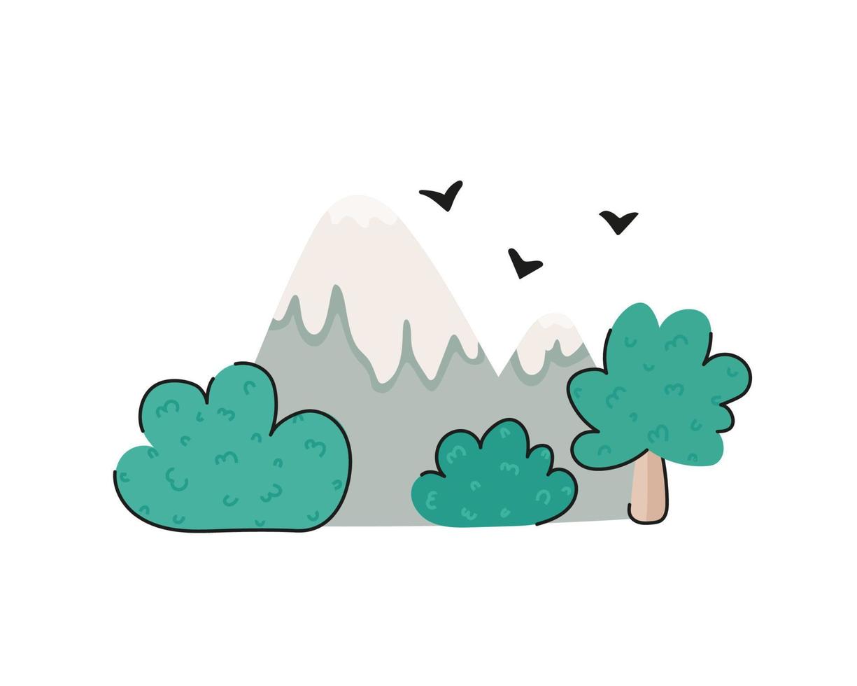 Stylized hand drawn snow-capped mountains.  Cartoon mountain landscape with trees isolated on white background. Flat vector illustration.