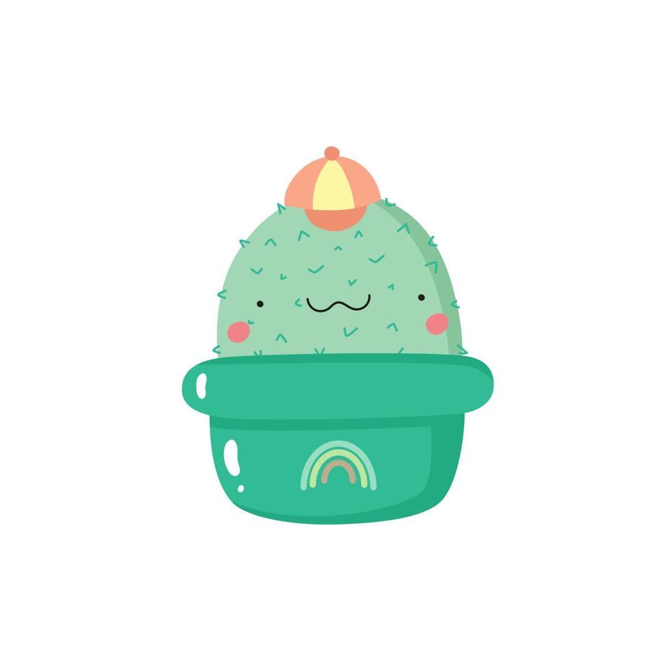 lindo cactus de dibujos animados con cara kawaii. planta casera dibujada a mano, personaje de cactus para el diseño de los niños. ilustración vectorial plana. vector