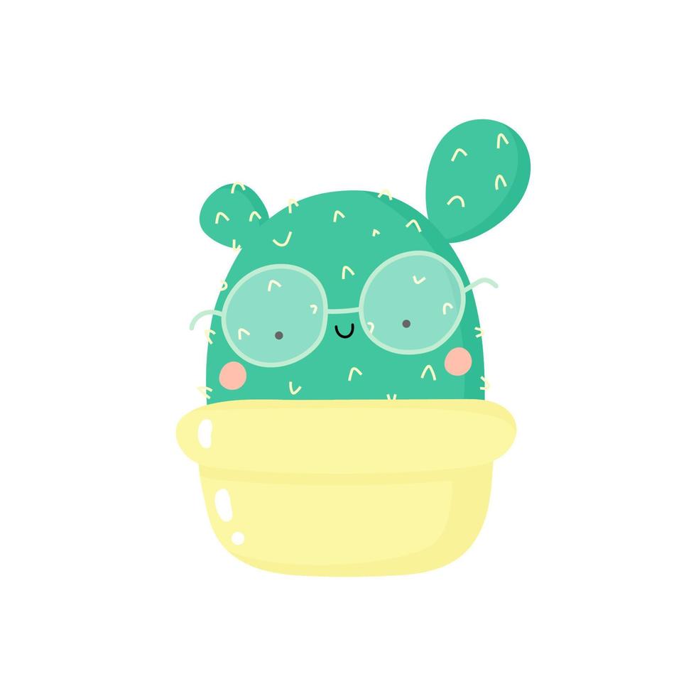 lindo cactus de dibujos animados con cara kawaii. planta casera dibujada a mano, personaje de cactus para el diseño de los niños. ilustración vectorial plana. vector