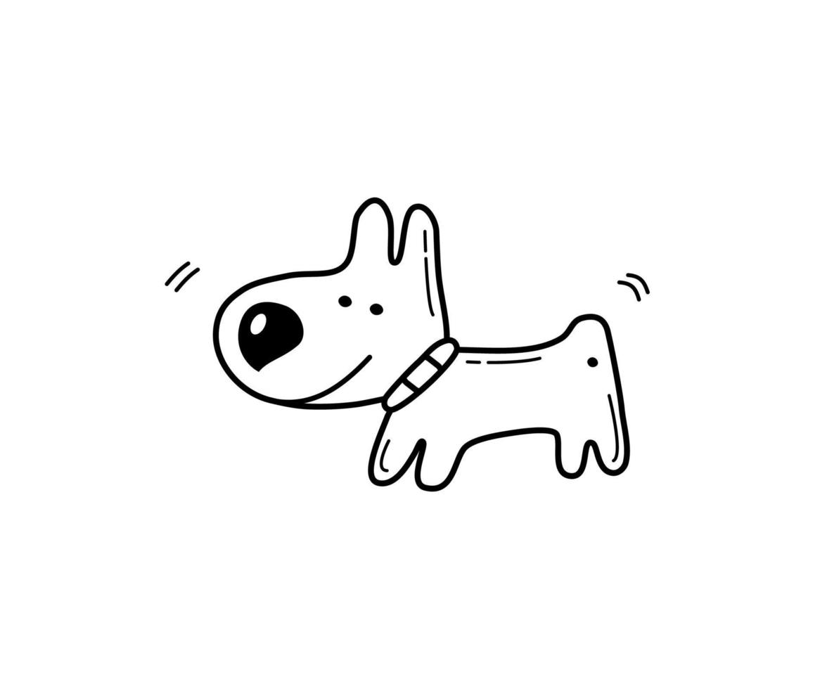 perro dibujado a mano con collar. divertido personaje animal para el diseño de los niños. mascota de dibujos animados para impresiones, tarjetas, pegatinas. ilustración vectorial plana en estilo garabato. vector