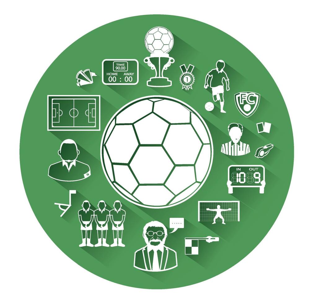 Group of green soccer icons set with long shadow effect vector