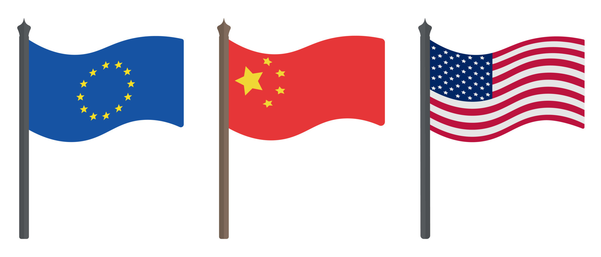 Flag of the European Union, China and the USA. Set of color vector