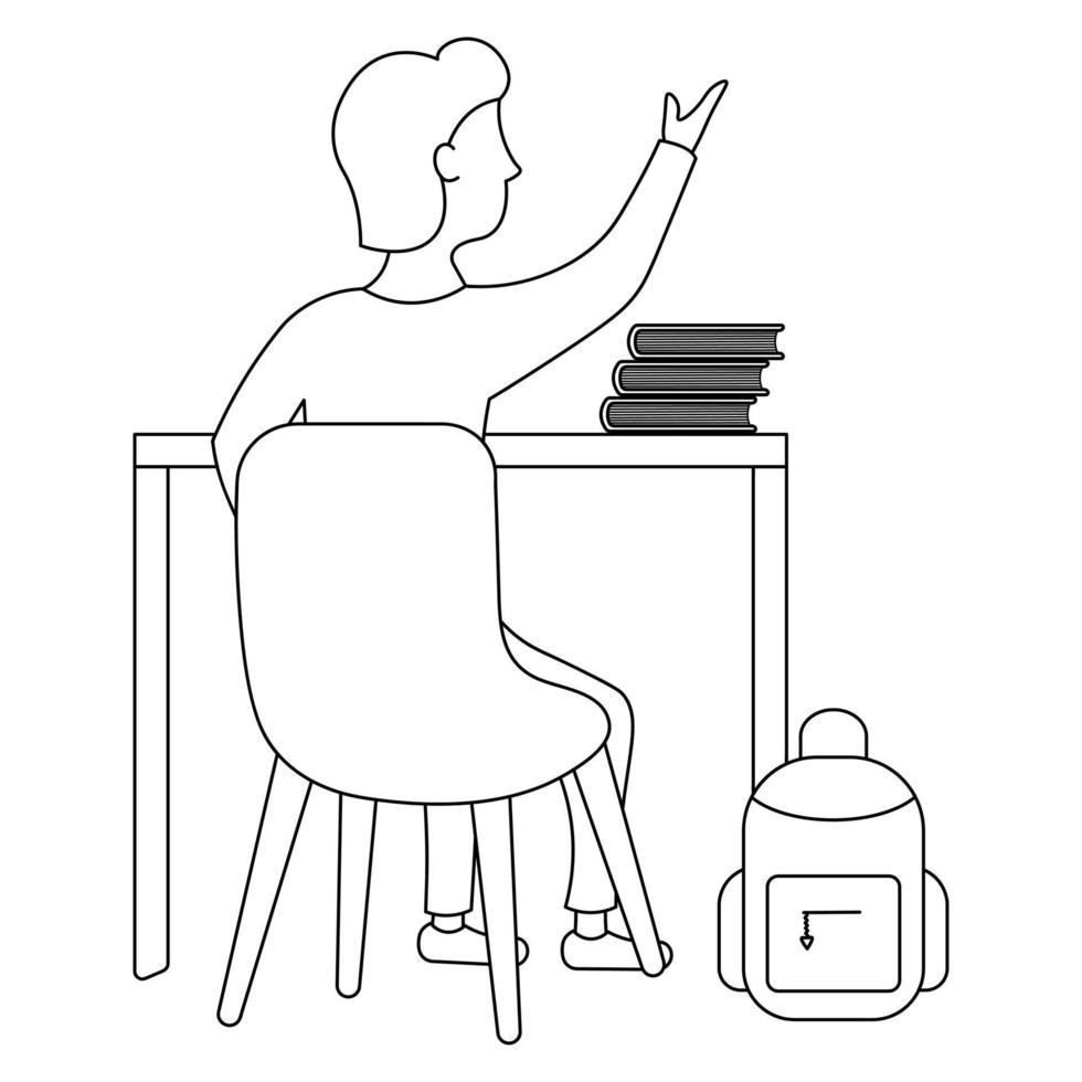 The student raises his hand to answer the question. Sketch. Vector illustration. The boy is sitting at a desk in the classroom, next to textbooks and a briefcase. Coloring book. Doodle style.