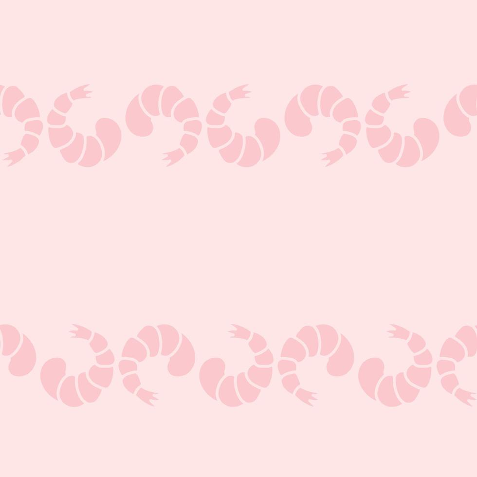 camarón. borde horizontal sin costuras. patrón vectorial repetitivo. mariscos rosados. cola de camarón fondo rosa aislado. ornamento interminable. estilo plano vector