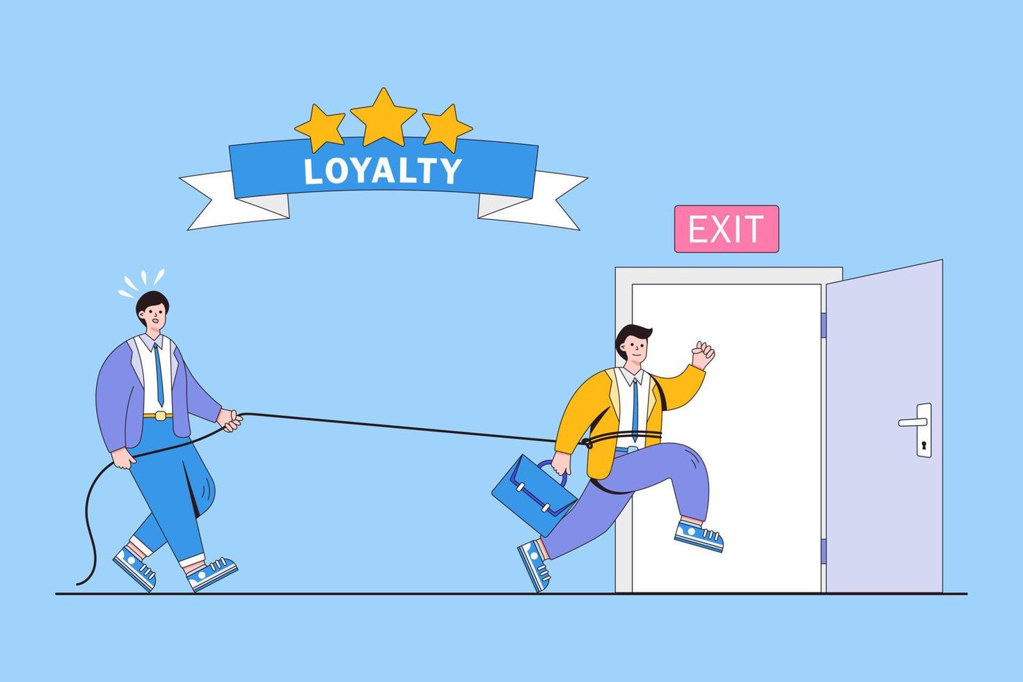Effective way to reduce employee turnover, build staff loyalty to create commitment and stay long time in company concepts. Boss using rope to prevent his worker with important talent from leaving vector