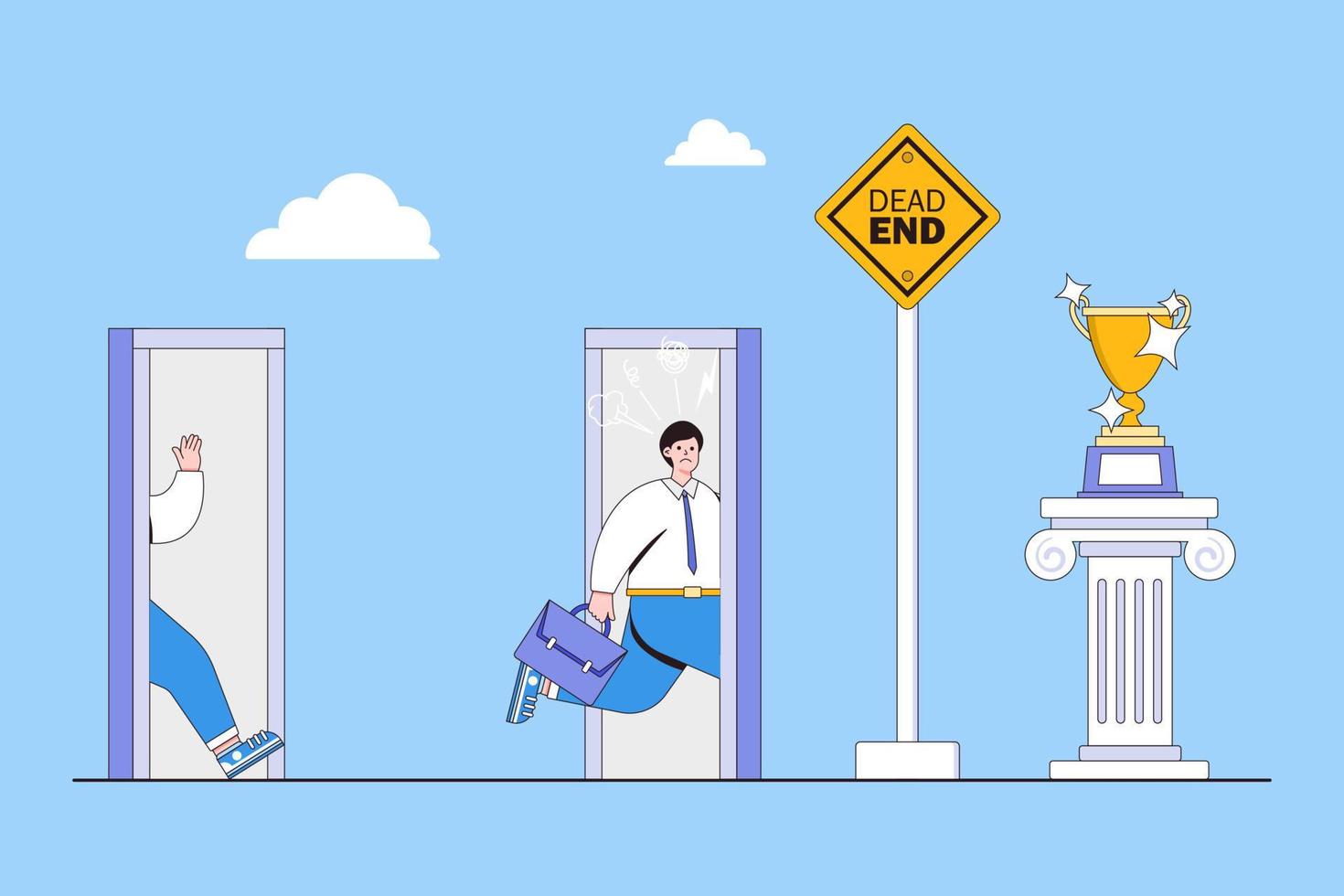 Business cycle, infinity routine job or career path, working process loop concepts. Frustrated businessman run to door portal with no way out and dead end signage to prevent it reaching his goal vector