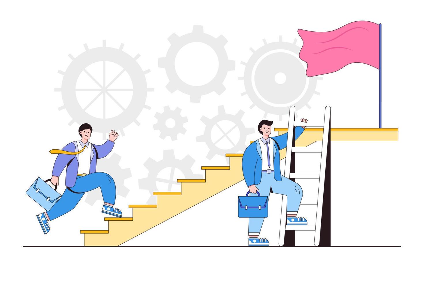 Easy or shortcut way to win, strategy to achieve target, efficiency solution to reach career goal concepts. Businessman walking up stair compete with smart guy which cut the success path using ladder vector