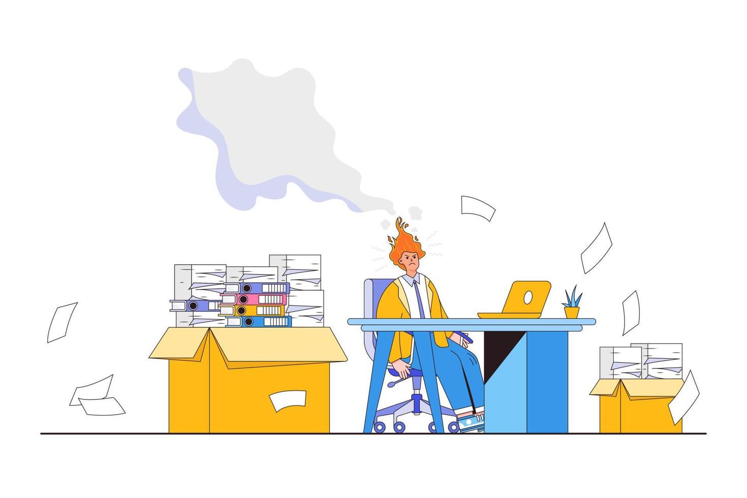 Burnout from overworked, pressure to finish deadline, exhausted worker, stressed employee concepts. Desperate businessman working at desk using laptop with pile of papers and burn heads emit smoke vector