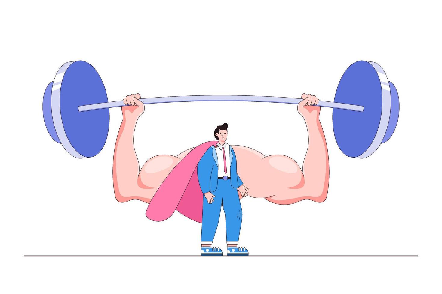 Business strength potential, strong ambition to finish job, career challenge, powerful leadership, growth motivation concepts. Businessman super hero lifting heavy weight using huge muscle shadow vector