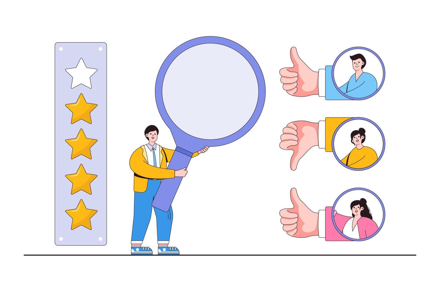 Evaluation feedback consumer, client leaving positive or negative opinion, service quality rating concepts. Businessman using magnifying glass to checking review with thumb up and down from customer vector