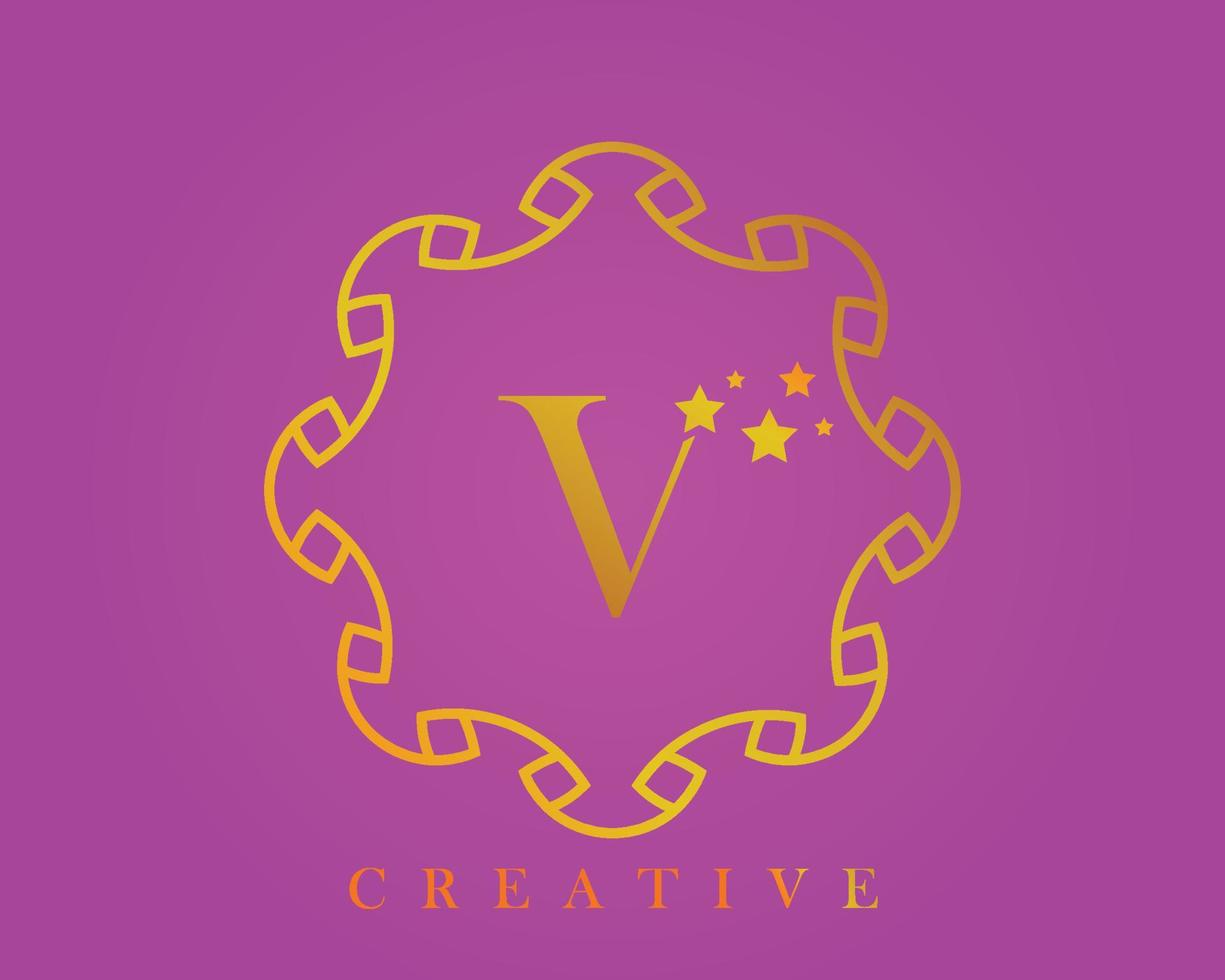 logotipo de diseño creativo, alfabeto v, letra de 5 estrellas, etiqueta, icono, para embalaje, diseño de productos de lujo. hecho con oro sobre un fondo texturizado de color violeta claro. vector