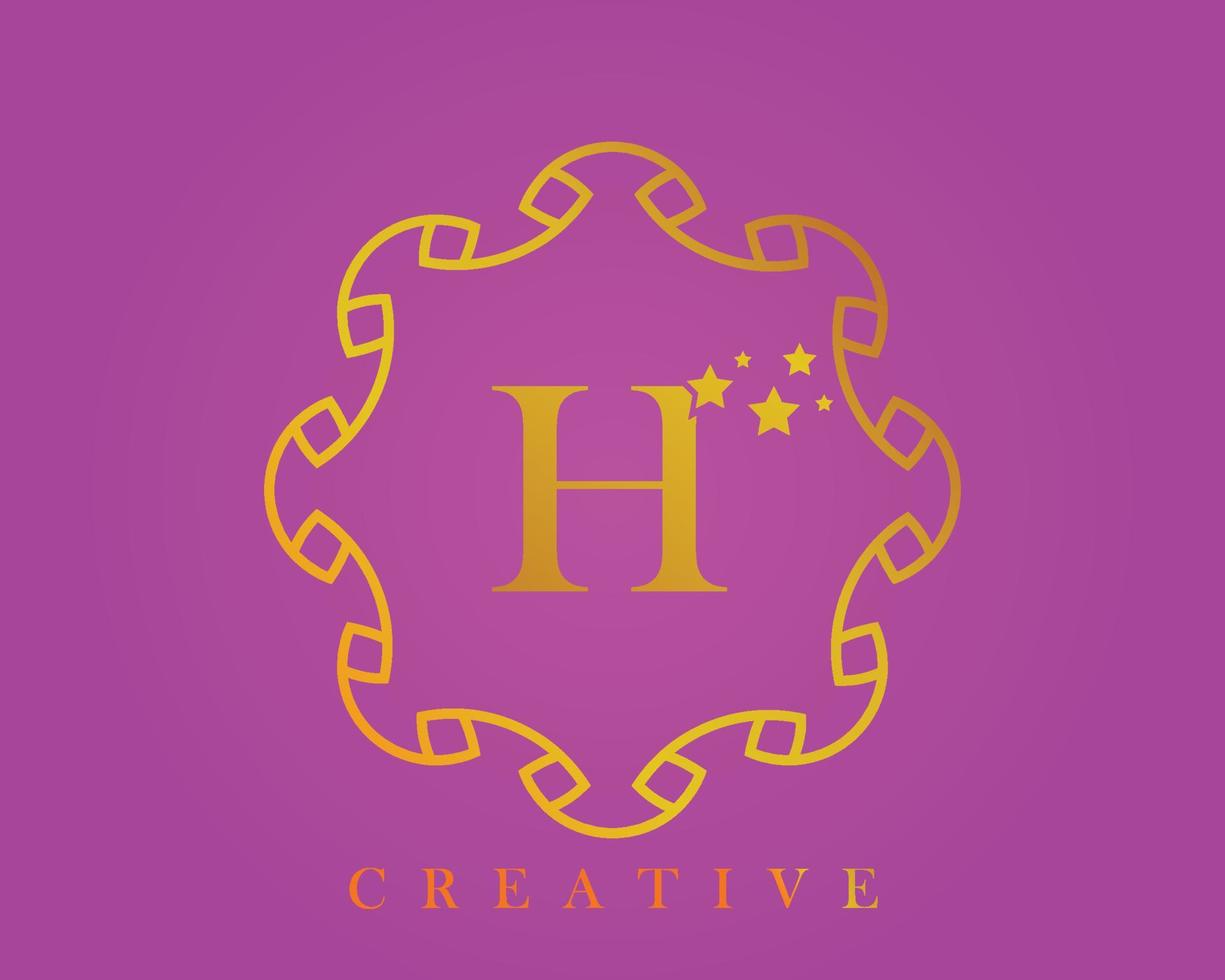 logotipo de diseño creativo, alfabeto h, letra de 5 estrellas, etiqueta, icono, para embalaje, diseño de productos de lujo. hecho con oro sobre un fondo texturizado de color violeta claro. vector