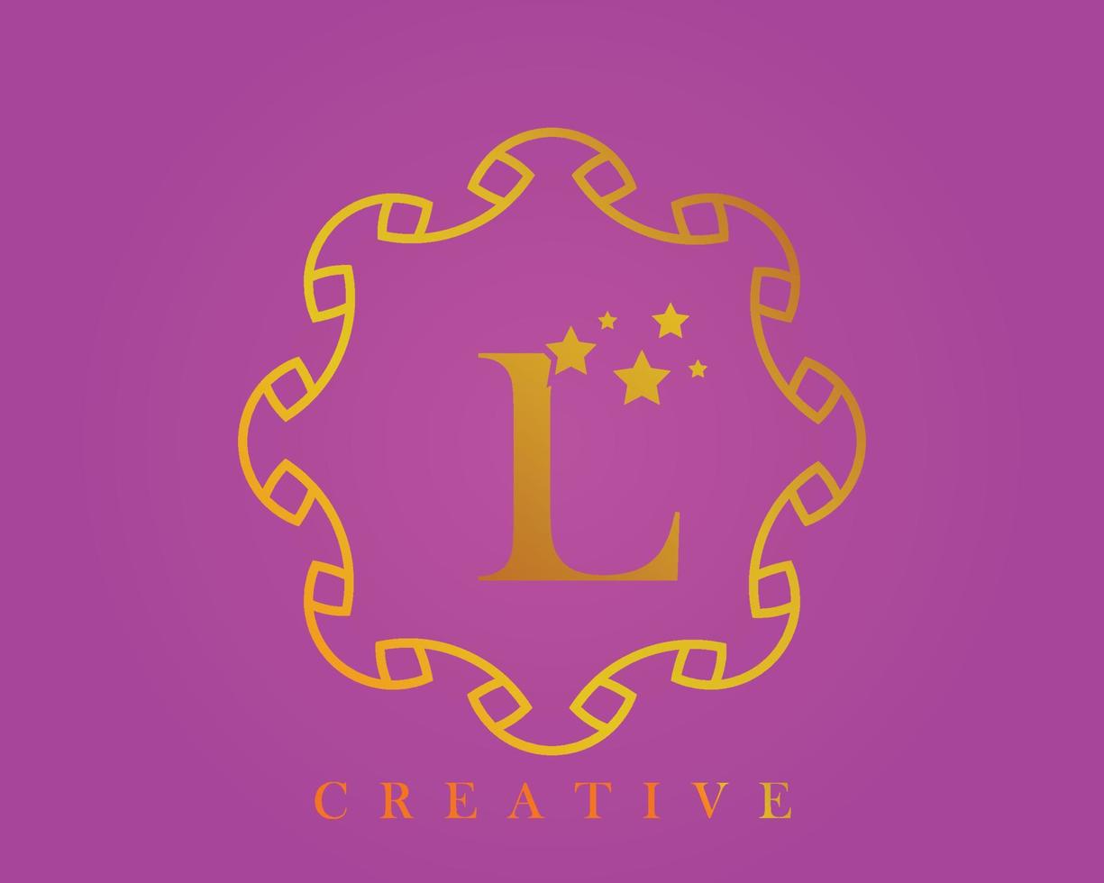 logotipo de diseño creativo, alfabeto l, letra de 5 estrellas, etiqueta, icono, para embalaje, diseño de productos de lujo. hecho con oro sobre un fondo texturizado de color violeta claro. vector