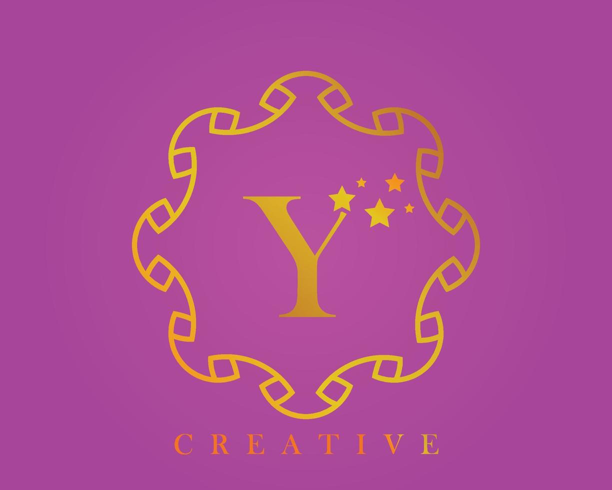 logotipo de diseño creativo, alfabeto y, letra de 5 estrellas, etiqueta, icono, para embalaje, diseño de productos de lujo. hecho con oro sobre un fondo texturizado de color violeta claro. vector