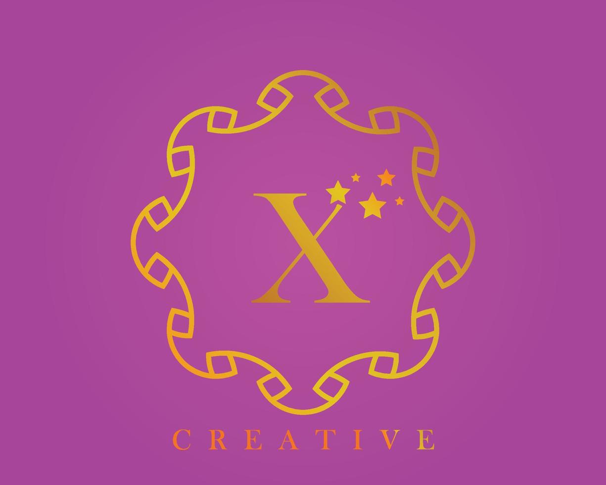 Creative design logo, alphabet X, 5 star letter, label, icon, for packaging, luxury product design. Made with gold on a light purple textured background. vector