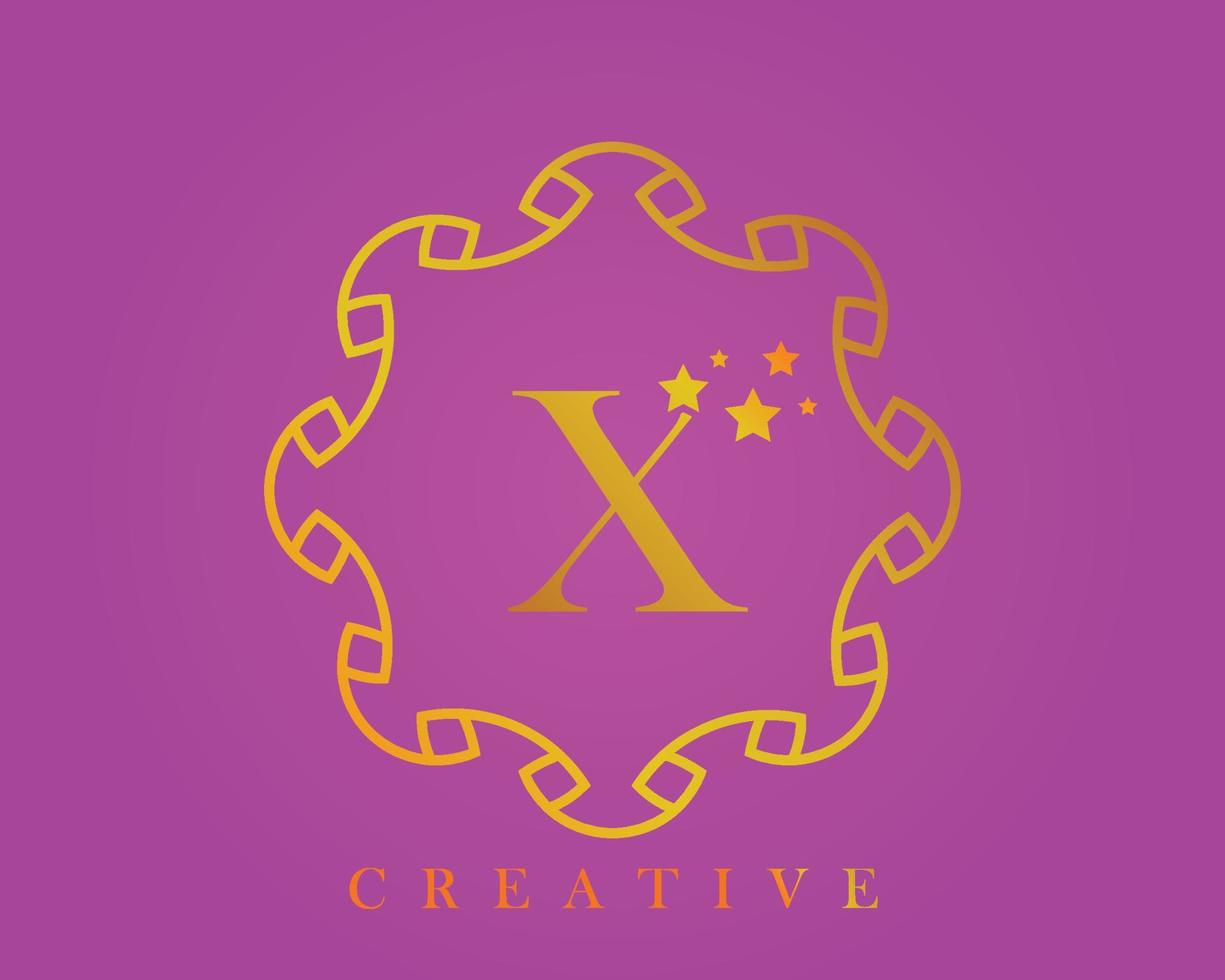 logotipo de diseño creativo, alfabeto x, letra de 5 estrellas, etiqueta, icono, para embalaje, diseño de productos de lujo. hecho con oro sobre un fondo texturizado de color violeta claro. vector