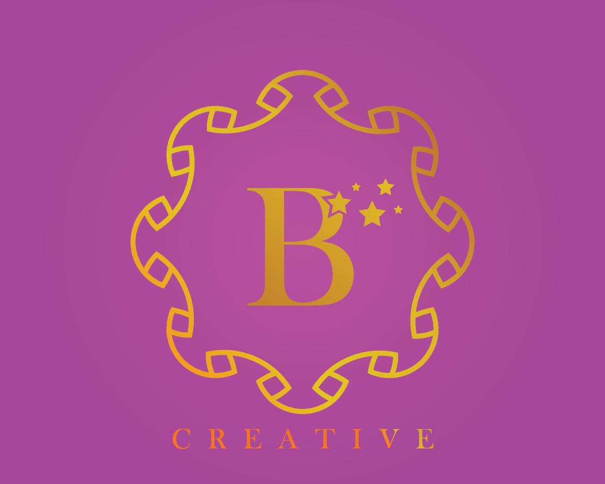 logotipo de diseño creativo, alfabeto b, letra de 5 estrellas, etiqueta, icono, para embalaje, diseño de productos de lujo. hecho con oro sobre un fondo texturizado de color violeta claro. vector