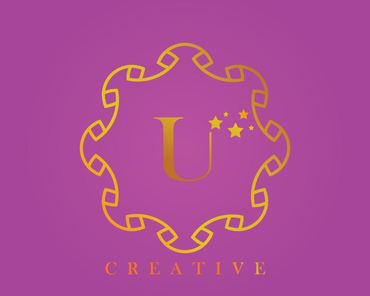 logotipo de diseño creativo, alfabeto u, letra de 5 estrellas, etiqueta, icono, para embalaje, diseño de productos de lujo. hecho con oro sobre un fondo texturizado de color violeta claro. vector