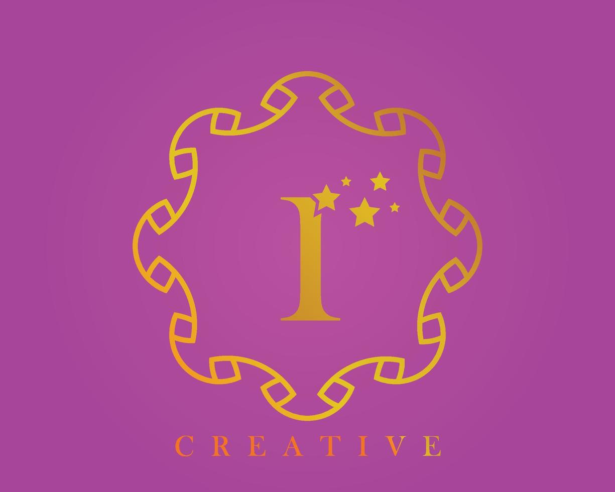 Creative design logo, alphabet I, 5 star letter, label, icon, for packaging, luxury product design. Made with gold on a light purple textured background. vector