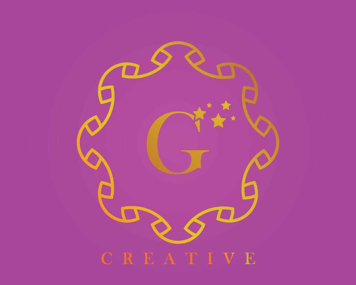 logotipo de diseño creativo, alfabeto g, letra de 5 estrellas, etiqueta, icono, para embalaje, diseño de productos de lujo. hecho con oro sobre un fondo texturizado de color violeta claro. vector