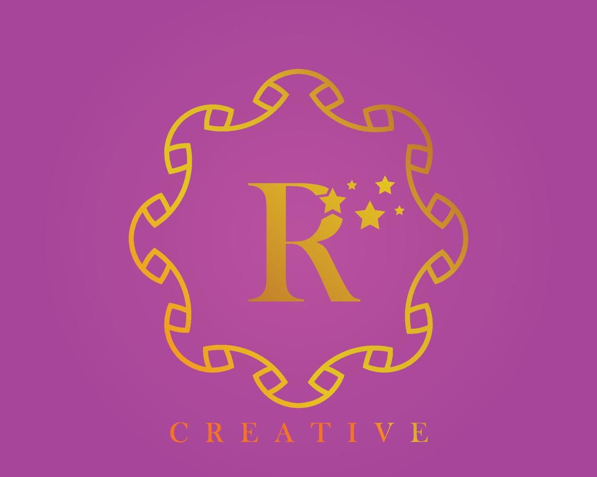 logotipo de diseño creativo, alfabeto r, letra de 5 estrellas, etiqueta, icono, para embalaje, diseño de productos de lujo. hecho con oro sobre un fondo texturizado de color violeta claro. vector