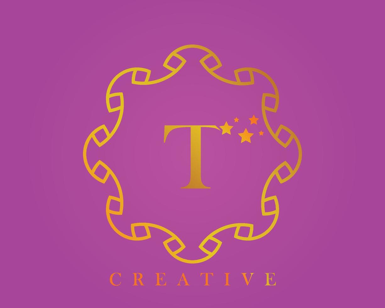 logotipo de diseño creativo, alfabeto t, letra de 5 estrellas, etiqueta, icono, para embalaje, diseño de productos de lujo. hecho con oro sobre un fondo texturizado de color violeta claro. vector