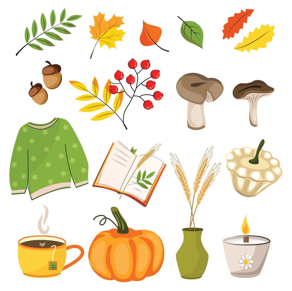 Hygge fall stickers in flat design. Autumn set of cute cozy design elements. A set of autumn twigs with leaves, foliage, berries, pumpkins, mushrooms, a sweater, candles, a book and a cup of tea. vector