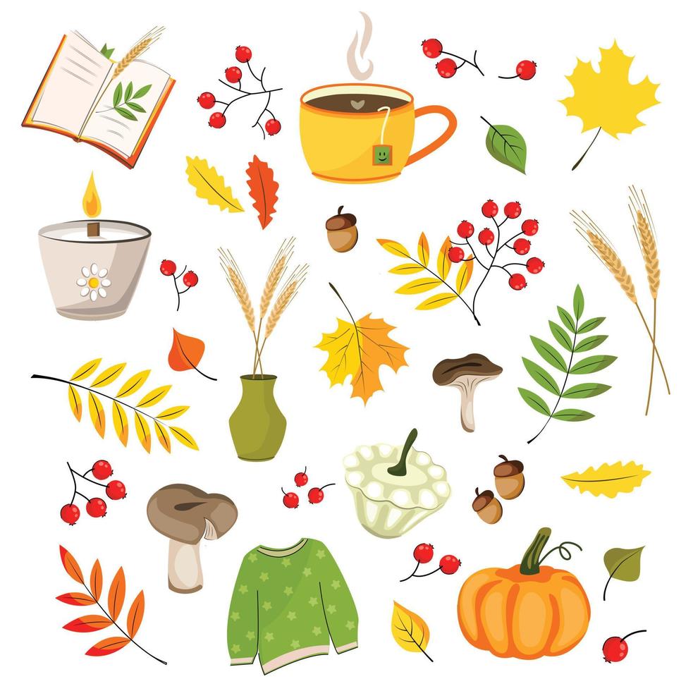 Hygge fall stickers in flat design. Autumn set of cute cozy design elements. A set of autumn twigs with leaves, foliage, berries, pumpkins, mushrooms, a sweater, candles, a book and a cup of tea. vector