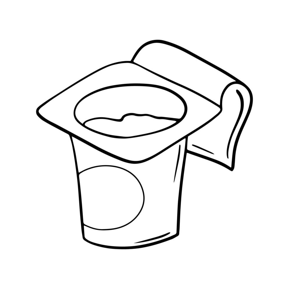 imagen monocromática, frasco de plástico pequeño abierto con yogur, ilustración vectorial en estilo de dibujos animados sobre un fondo blanco vector