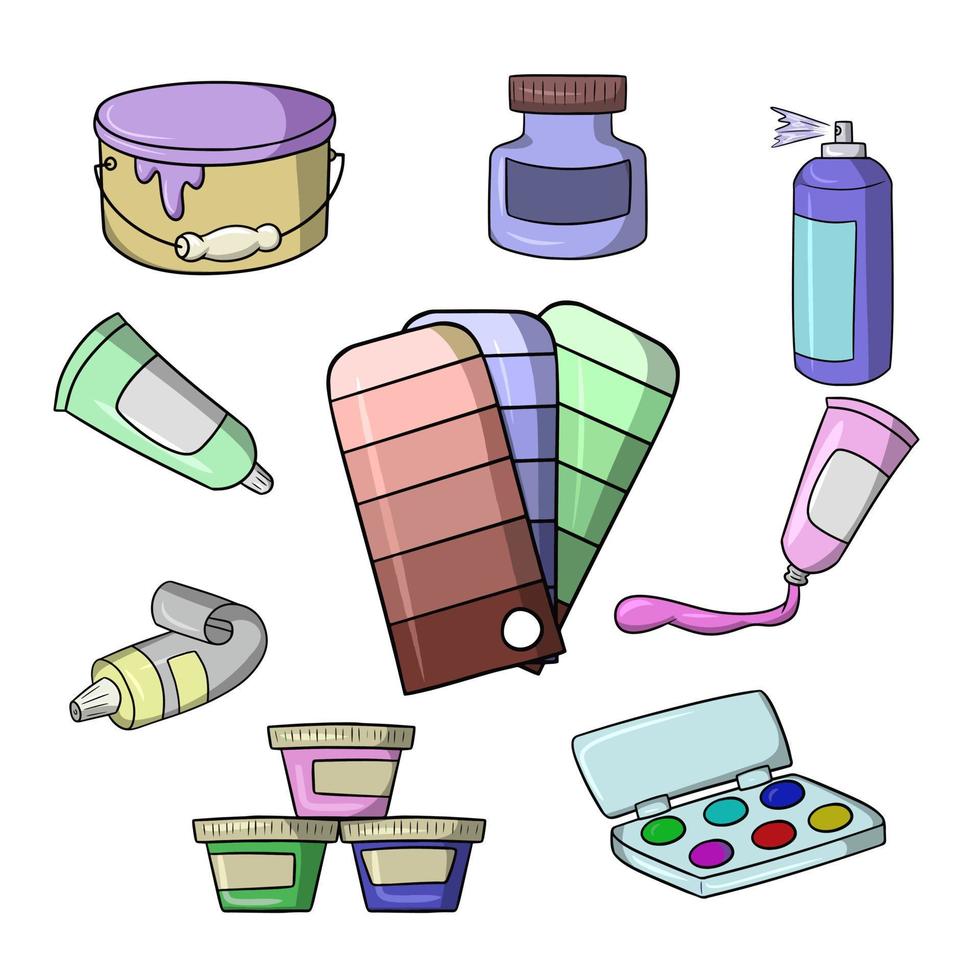 A set of colored icons, different jars of paints, vector illustration in cartoon style on a white background