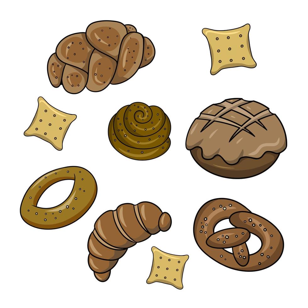 A large set of braided sweet buns sprinkled with sugar and poppy seeds, bagels and cookies, vector illustration in cartoon style on a white background