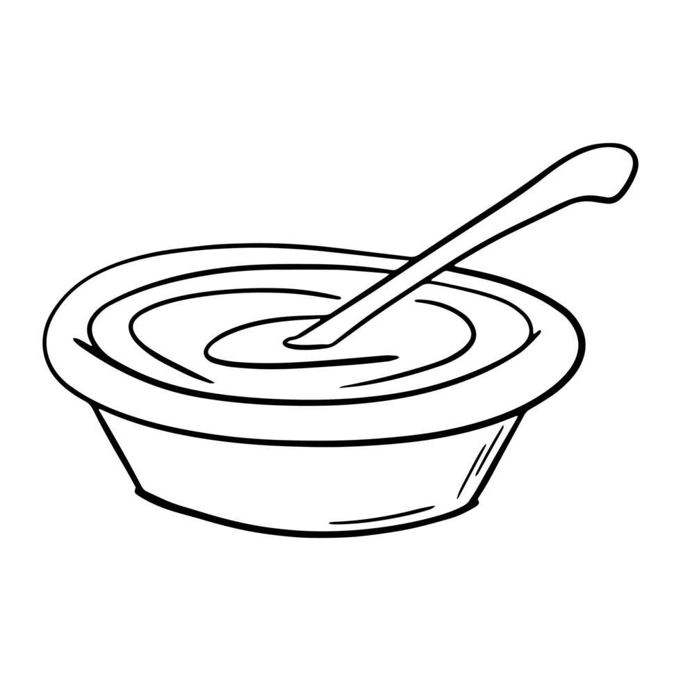 Monochrome picture, ceramic deep plate with porridge, sour cream, with a spoon , vector illustration in cartoon style on a white background