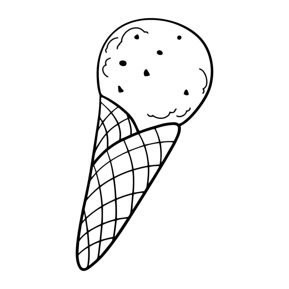 Monochrome picture, cold ice cream in a waffle cone with chocolate chips, vector illustration in cartoon style on a white background