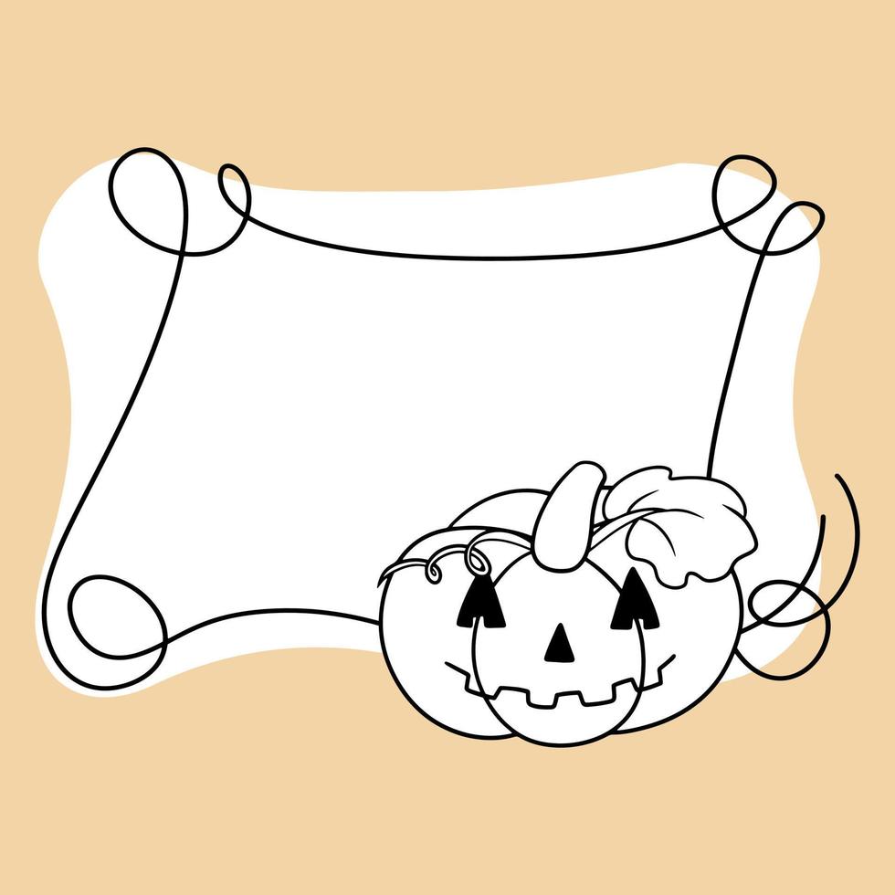 marco monocromo de halloween con rizos, linda calabaza sonriente, espacio de copia, ilustración de vector de estilo de dibujos animados
