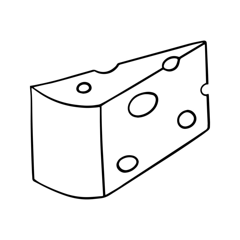 Monochrome picture, triangular piece of cheese, vector illustration in cartoon style on a colored background