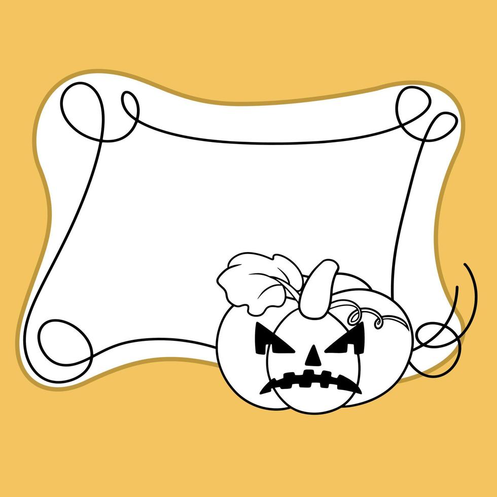 Monochrome Halloween Frame with Curls, Angry Pumpkin, Copy Space, Vector Illustration in Cartoon Style