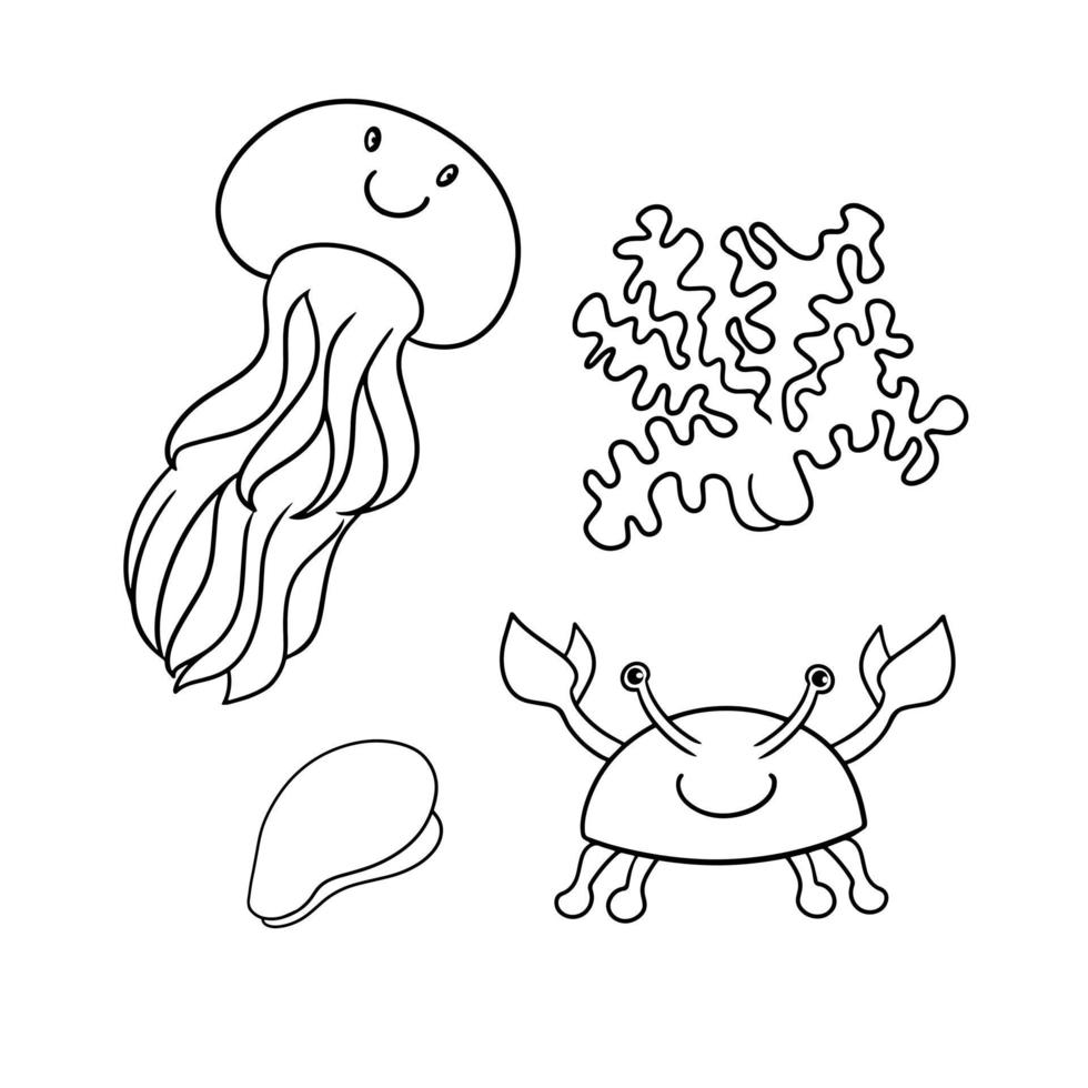 conjunto monocromático de iconos, lindos personajes marinos, cangrejo divertido, ramitas de coral y medusas, ilustración vectorial en estilo de dibujos animados sobre un fondo blanco vector