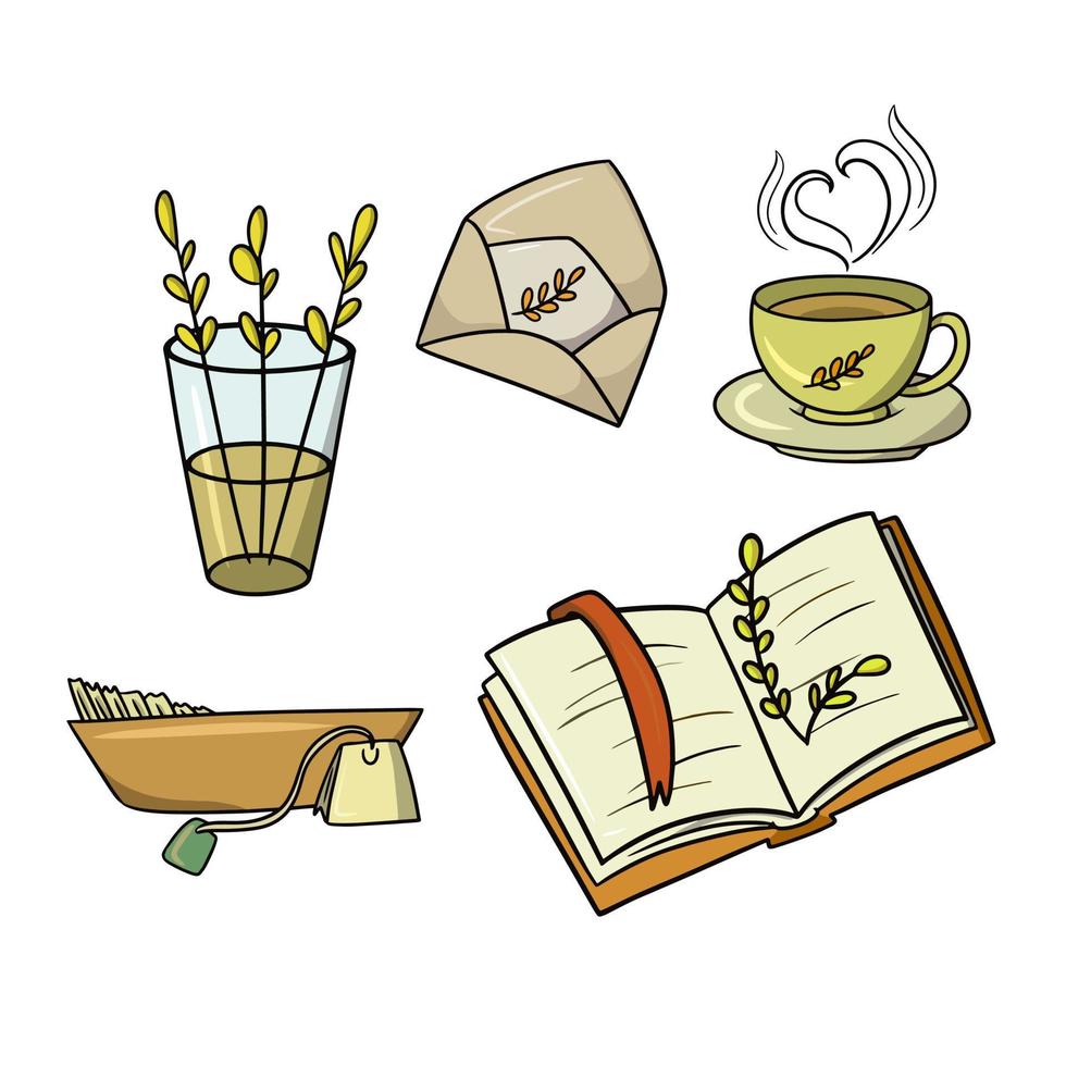 A set of colored icons, an autumn collection, an open book with a tree branch, hot tea and a letter, a vector illustration in cartoon style