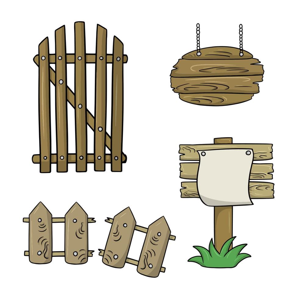 un conjunto de iconos de colores, objetos antiguos de madera, una valla  rota, un cartel redondo y una puerta, una ilustración vectorial en estilo  de dibujos animados sobre un fondo blanco 11165058
