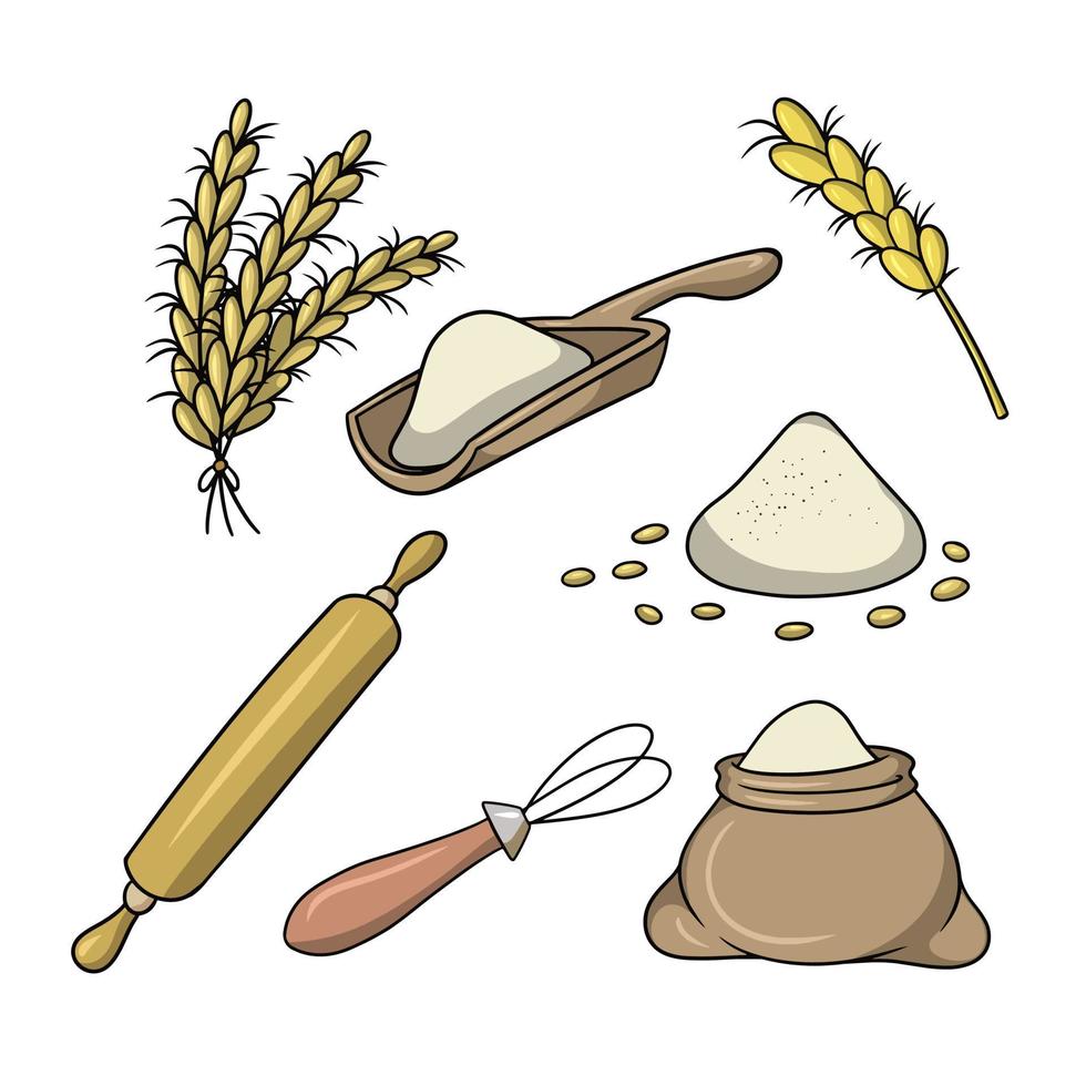 A set of colored icons, grain and its use in cooking, vector illustration in cartoon style on a white background