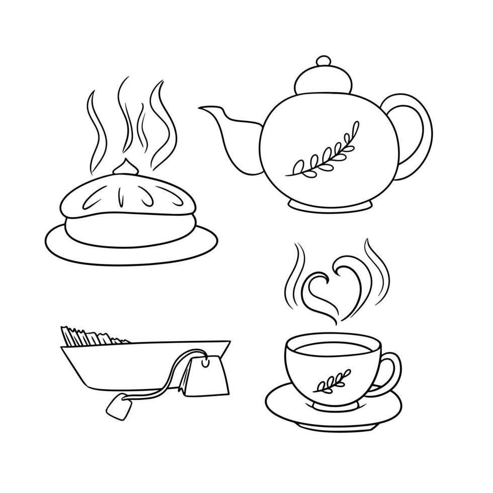 Monochrome set of autumn icons, delicious pie with fruit filling, hot fragrant tea, vector illustration in cartoon style on a white background