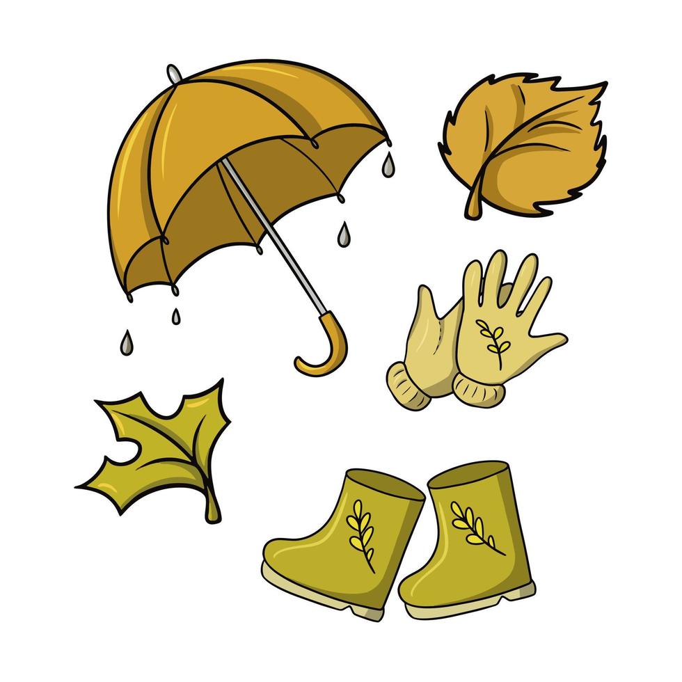 conjunto de iconos de colores, paseo otoñal bajo la lluvia, ilustración vectorial en estilo de dibujos animados sobre un fondo blanco vector