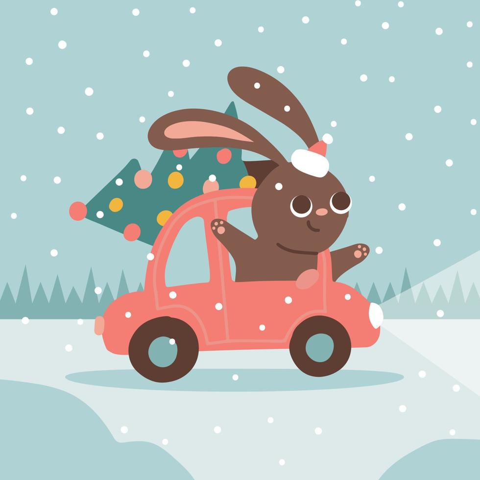 Christmas mood card with funny rabbit in santa hat are going by car and carry Christmas tree on the roof. Snowy winter landscape. Vector flat hand drawn illustration.