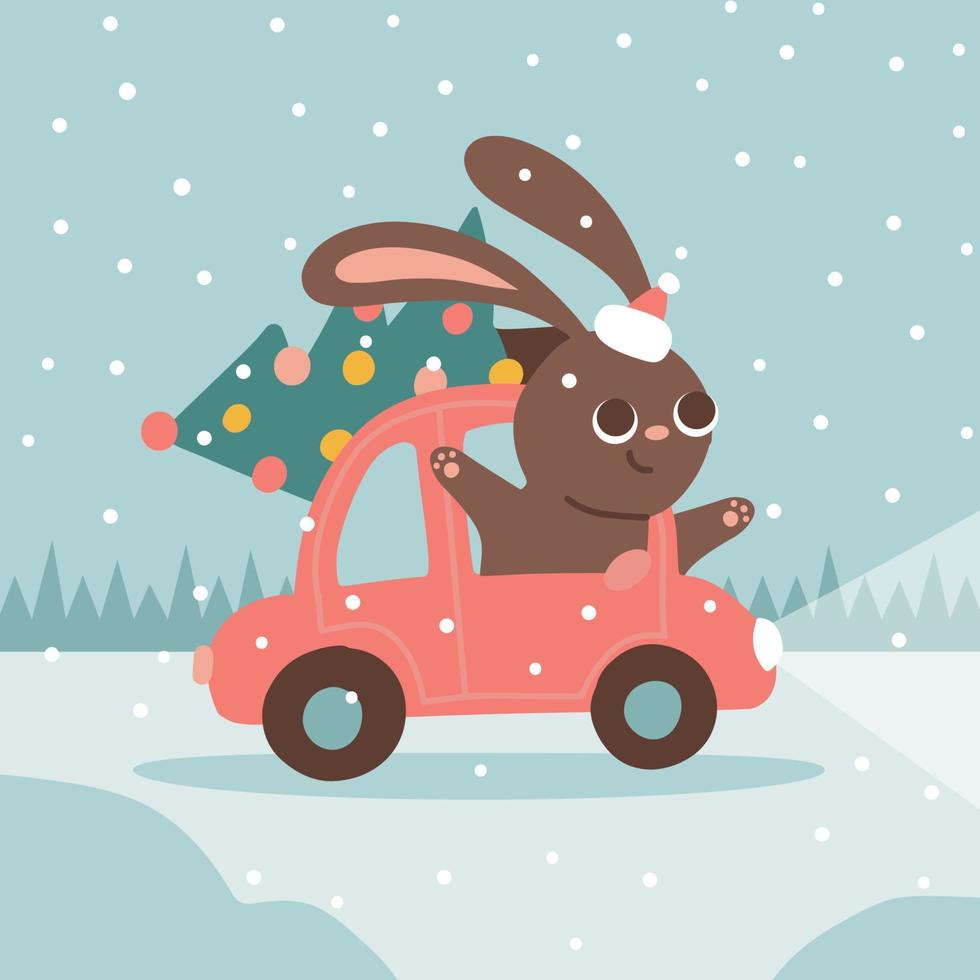 tarjeta de estado de ánimo de navidad con conejo divertido en sombrero de santa van en coche y llevan árbol de navidad en el techo. paisaje nevado de invierno. ilustración dibujada a mano plana vectorial. vector