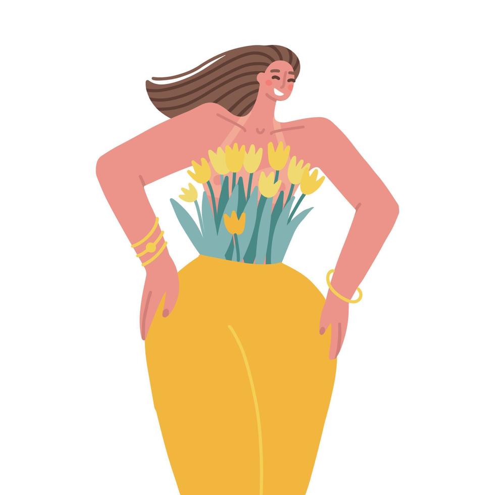 una linda chica con cabello oscuro en una pose feliz con un vestido hecho de flores y hojas de tulipanes amarillos. concepto de salud mental femenina. ilustración de vector plano dibujado a mano