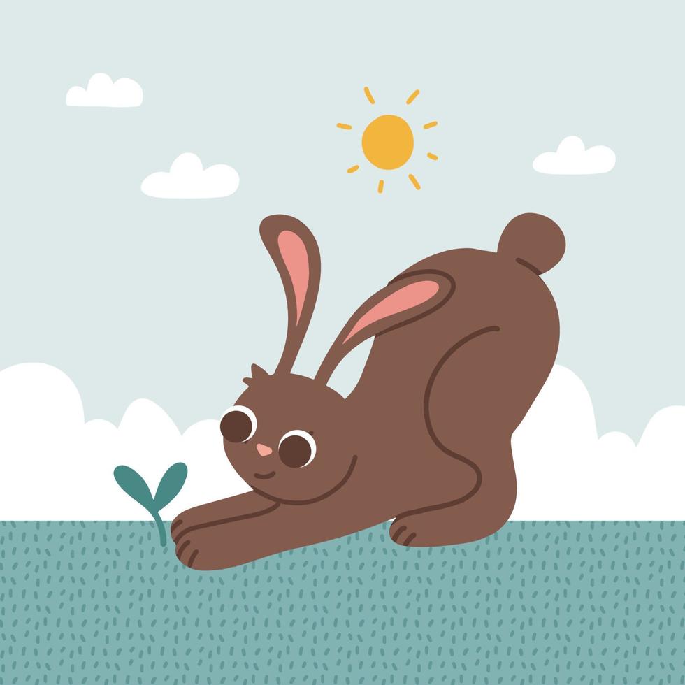 The hare takes care of the sprout. Cute little rabbit is looking at a plant that has just pecked out of the ground. Vector flat hand drawn illustration with an animal. Spring landscape