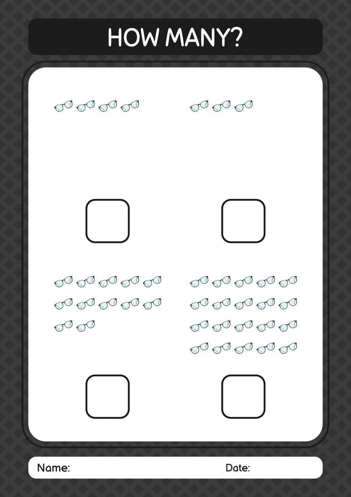 How many counting game with glasses. worksheet for preschool kids, kids activity sheet vector