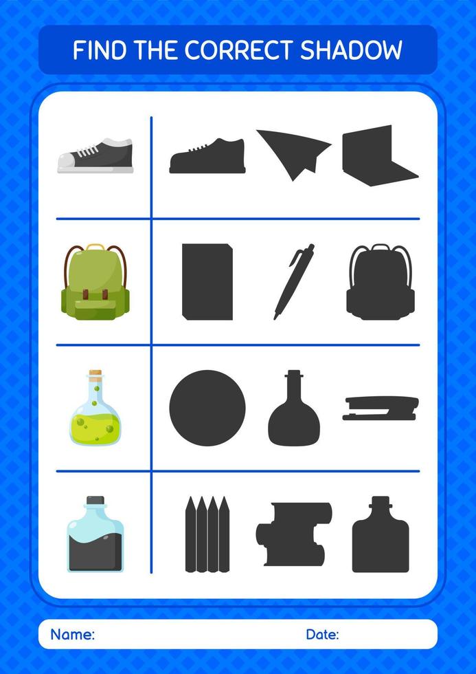 Find the correct shadows game with summer icon. worksheet for preschool kids, kids activity sheet vector