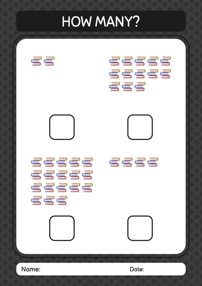 How many counting game with book. worksheet for preschool kids, kids activity sheet vector